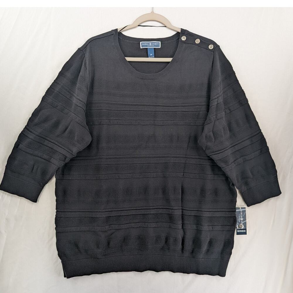 Karen Scott Textured Crewneck Sweater 2X Black New 3/4 Sleeve Button Accent